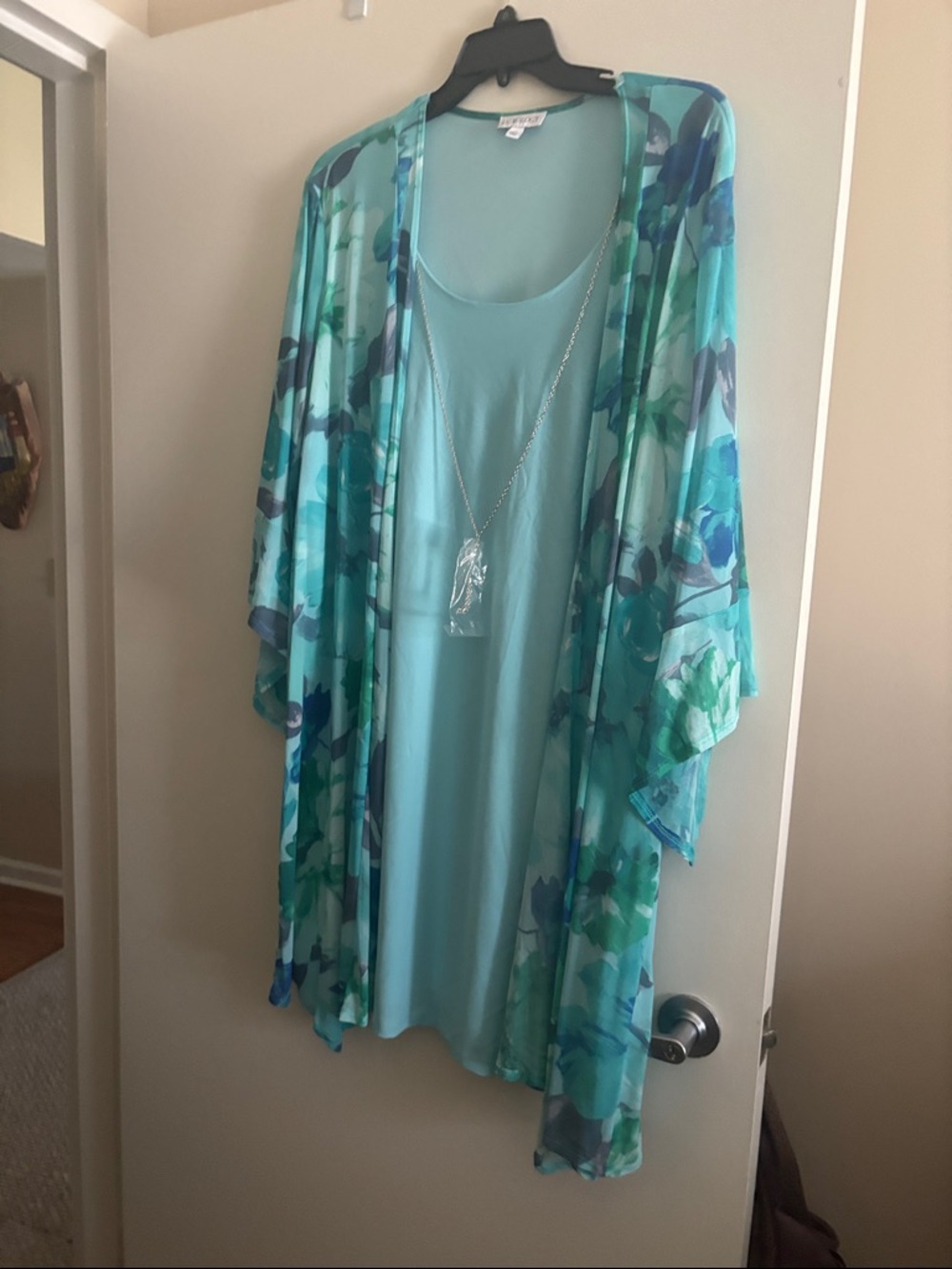 Luxxel Teal & Aqua Floral Midi Dress with Sheer Kimono